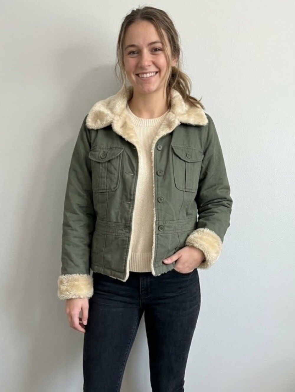 Mossimo Supply Co. Olive Green Jacket with Cream Faux Fur Trim